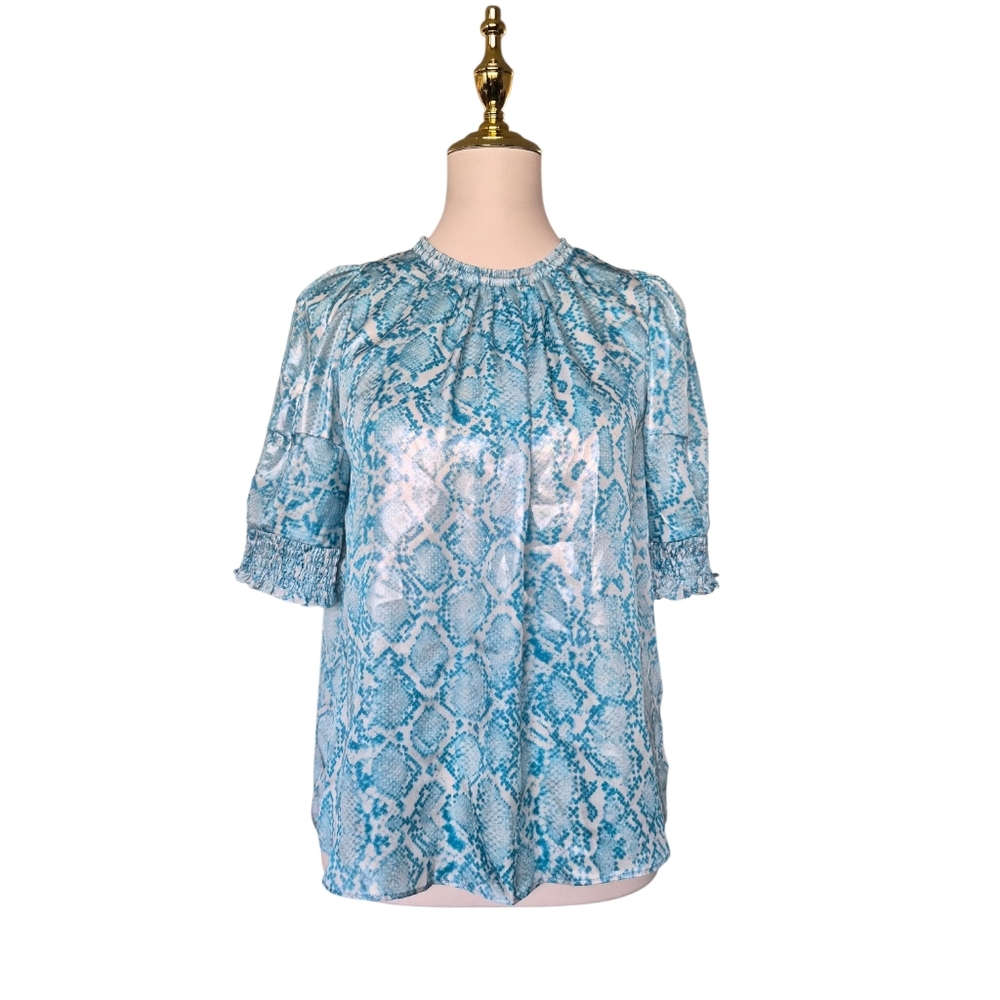 Current Air Los Angeles Blue Shimmer Snake Print Smocked Sleeve Blouse Top Sz S